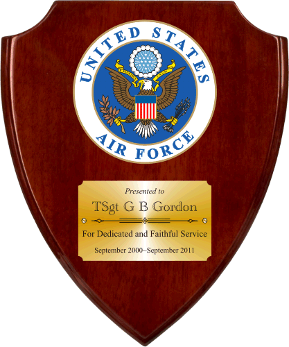 U S AIR FORCE ROSEWOOD SHIELD PLAQUE
